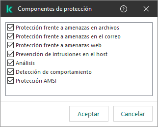 Una ventana con la lista de componentes de la aplicación. La exclusión se aplica únicamente a la operación de los componentes seleccionados.