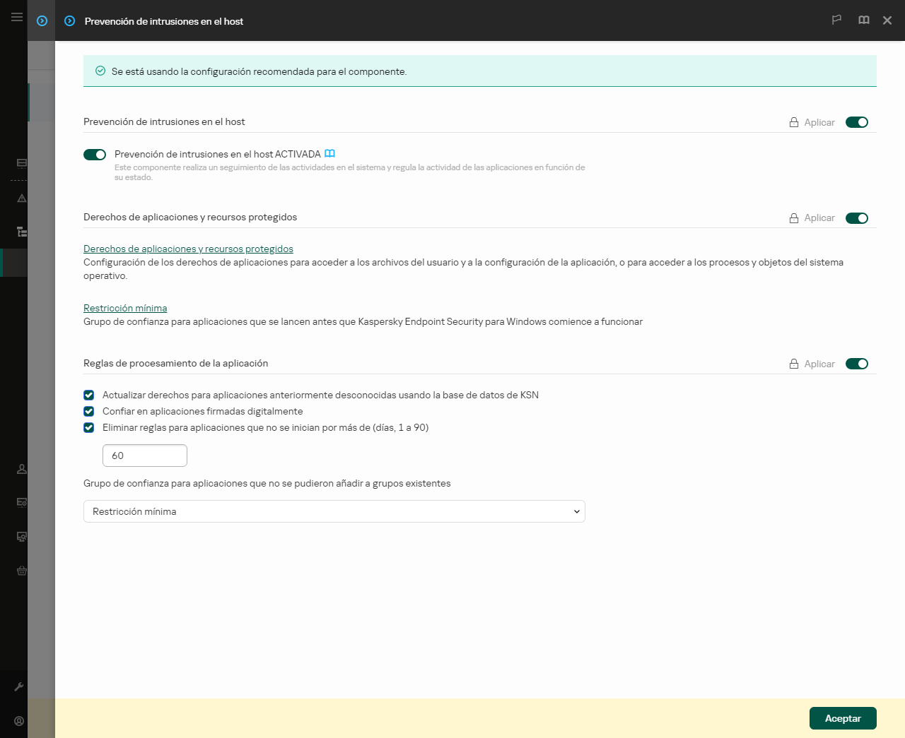 Ventana Configuración de Prevención de intrusiones.