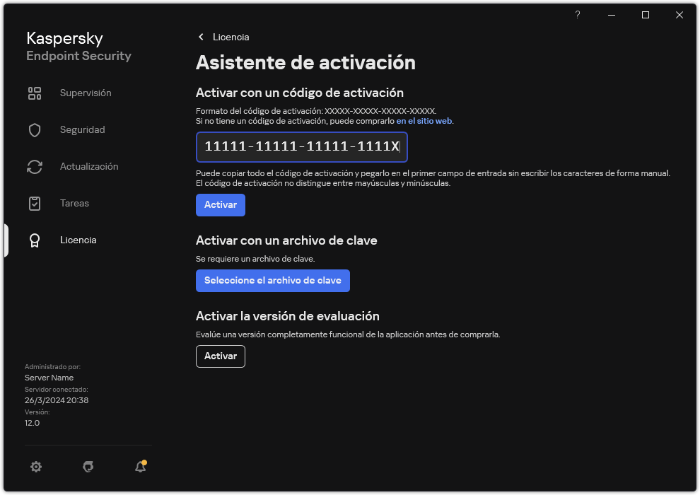Ventana con las herramientas de activación de la aplicación. El usuario puede introducir un código de activación o seleccionar un archivo clave.