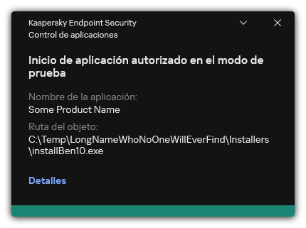 Notificación de que el inicio de la aplicación está autorizado en el modo de prueba. El usuario puede ver información detallada sobre la regla.