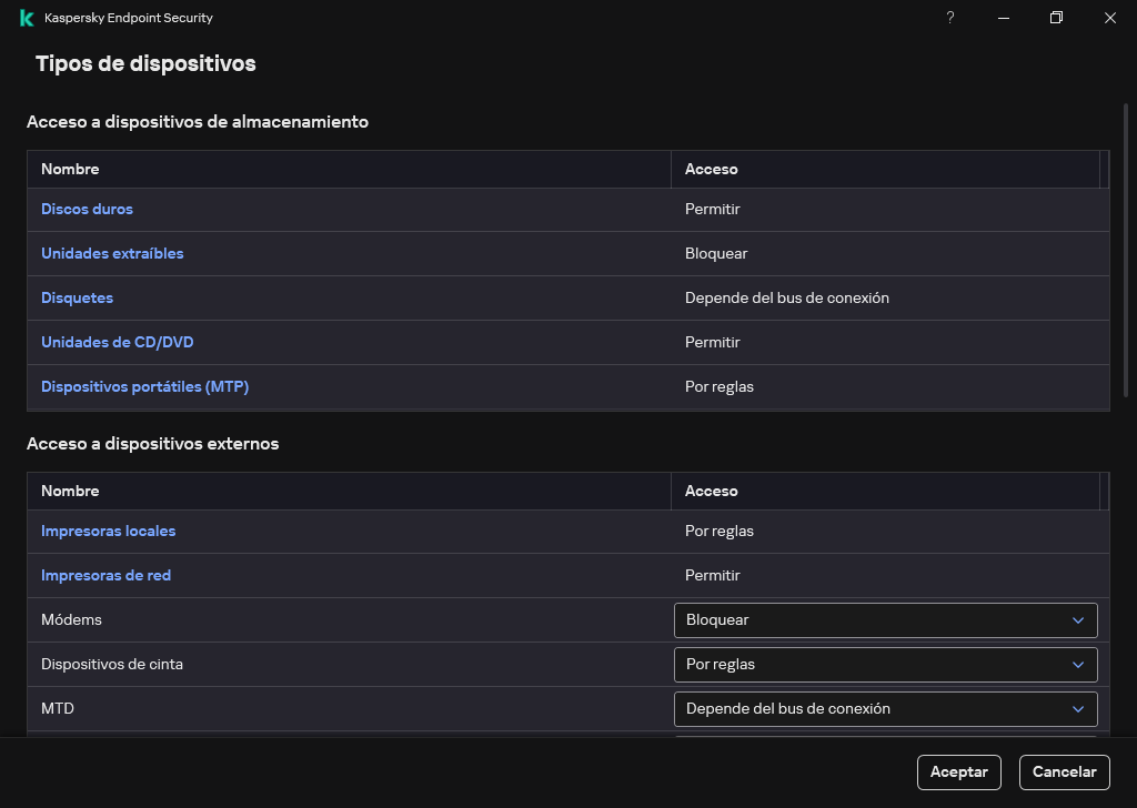 Ventana para configurar el acceso a los dispositivos. El usuario puede configurar el acceso a los dispositivos y establecer parámetros de acceso adicionales, como la programación de acceso.