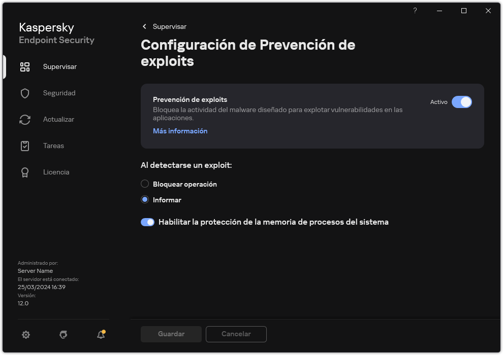Ventana de configuración de Prevención de exploits