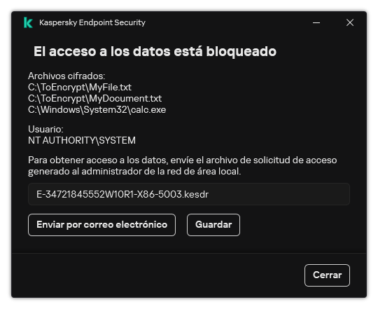 Una ventana con un archivo de solicitud para acceder a datos cifrados. El usuario puede guardar el archivo generado en el disco o enviarlo por correo electrónico.