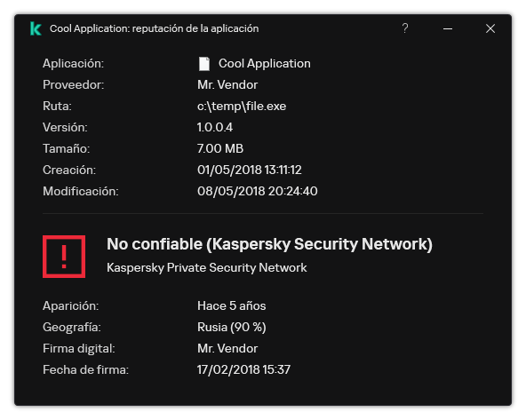 La ventana contiene información sobre la reputación del archivo y otros datos, como la presencia de una firma digital.