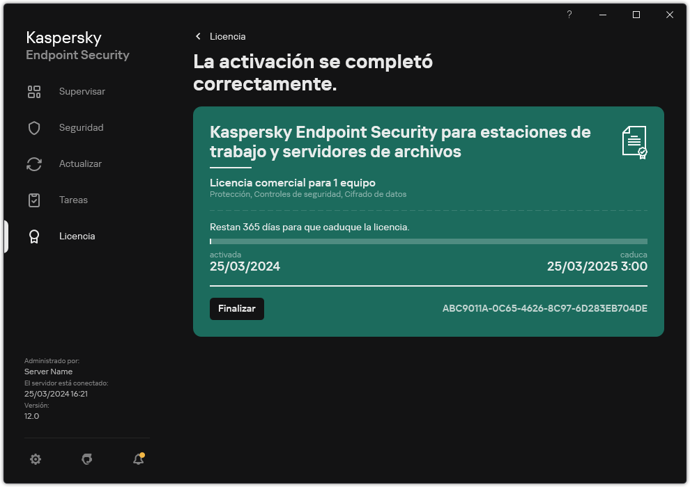 La ventana contiene información sobre la licencia: fecha de caducidad, funciones disponibles y otra información.