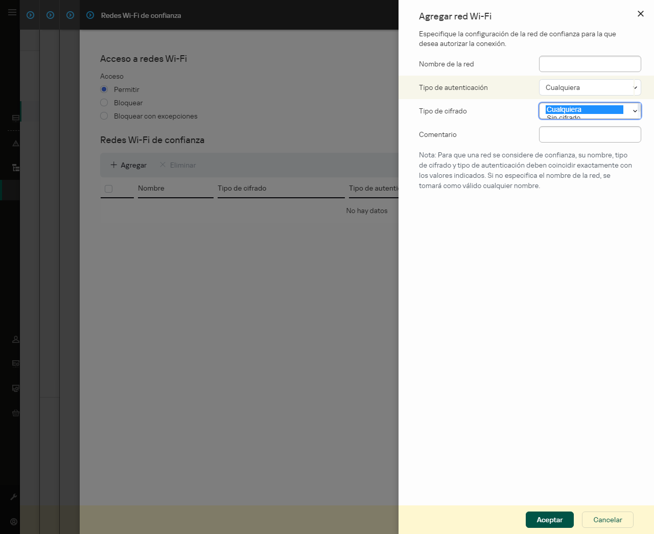 La ventana contiene la configuración de la red Wi-Fi de confianza.