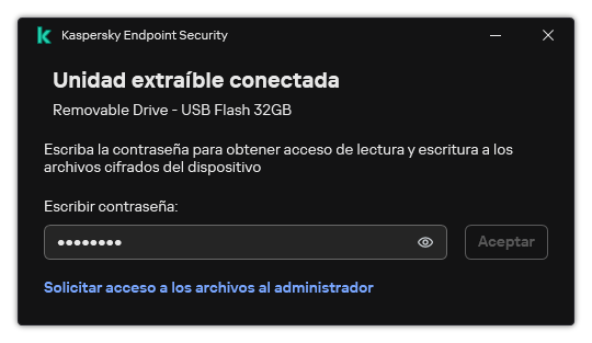 La ventana contiene un campo de entrada de contraseña. El usuario puede crear una solicitud de acceso de archivo.