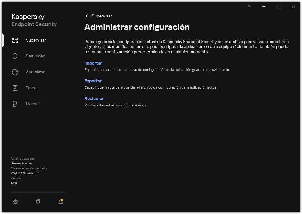 Ventana Configuración de exclusiones. El usuario puede exportar, importar o restaurar la configuración de la aplicación.