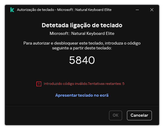 A janela com o código de autorização do teclado. O utilizador pode ativar o teclado no ecrã e inserir o código.