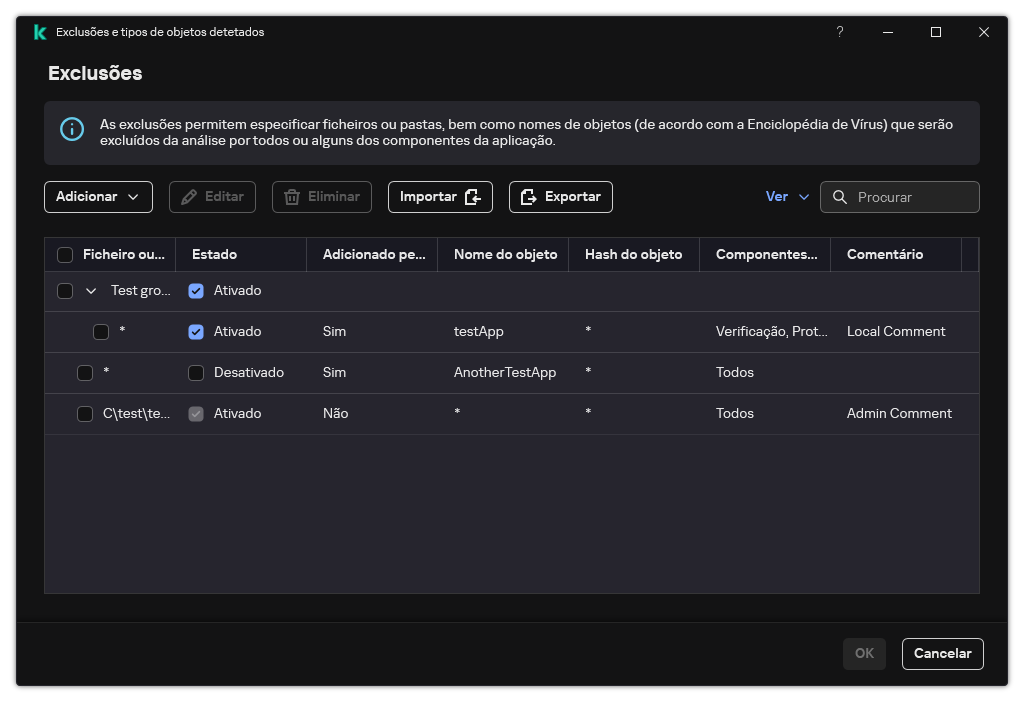 Uma janela com a lista de exclusões. As propriedades de exclusão são exibidas. O utilizador pode adicionar, editar ou eliminar exclusões.