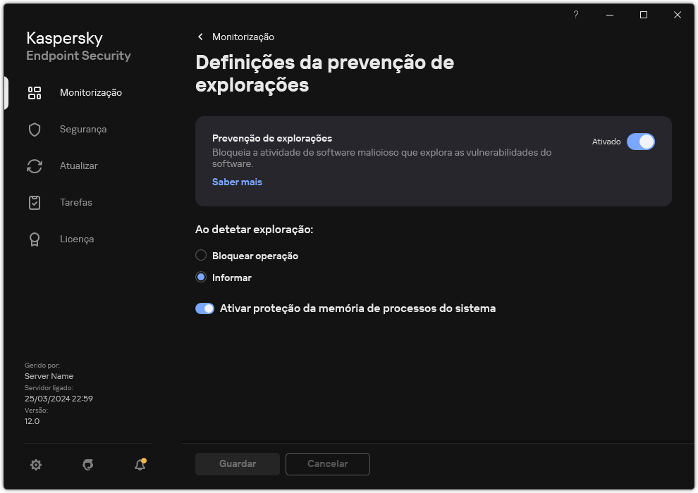 Janela das Definições da prevenção de explorações