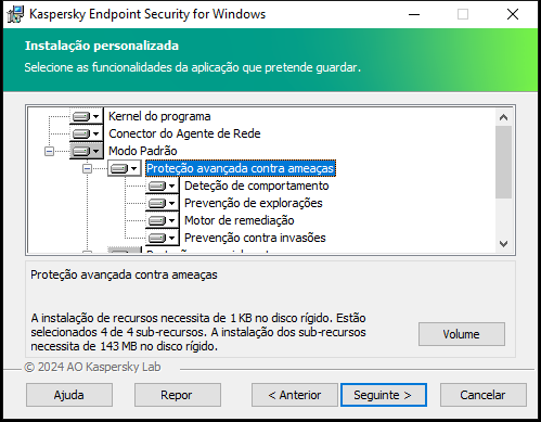 Janela de instalação com uma lista de componentes que um utilizador pode selecionar.