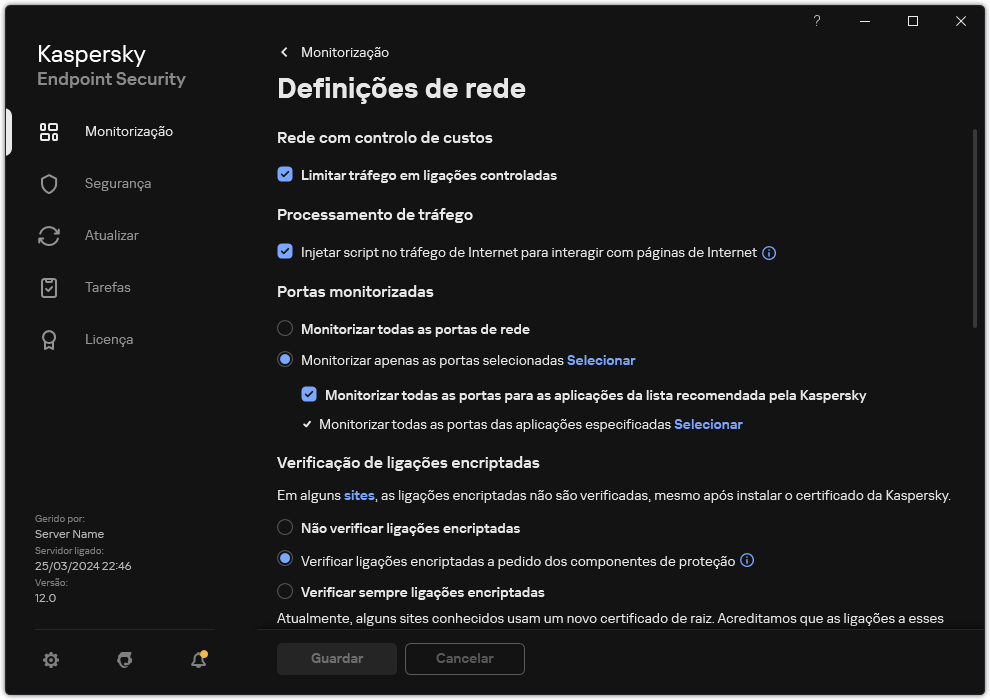 Janela de definições de rede da aplicação.