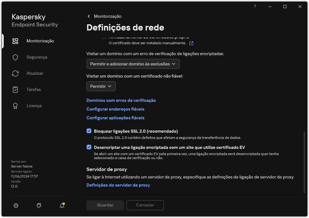 Janela de definições de rede da aplicação.