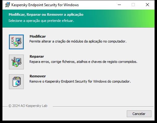 Janela de instalação com uma lista de operações disponíveis: alterar o conjunto de componentes, reparar a aplicação, remover a aplicação.