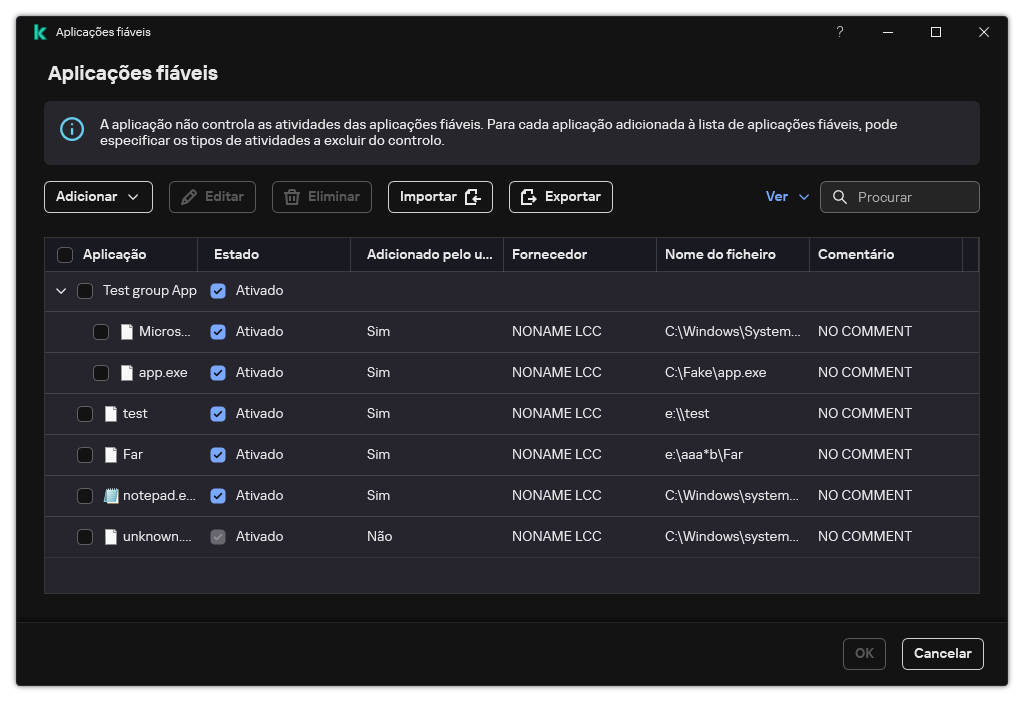 Uma janela com a lista de aplicações fiáveis. O utilizador pode adicionar, editar ou remover uma aplicação fiável.