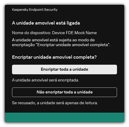 Notificação sobre uma unidade ligada com encriptação de ficheiro ativada. O utilizador pode encriptar ficheiros ou recusar.