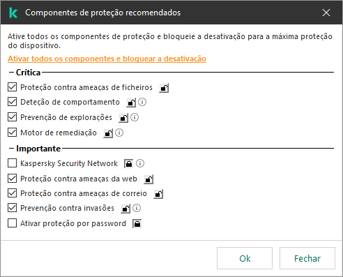 Janela para ativar componentes de proteção recomendados. Pode ativar todos os componentes de proteção e evitar que sejam desativados.