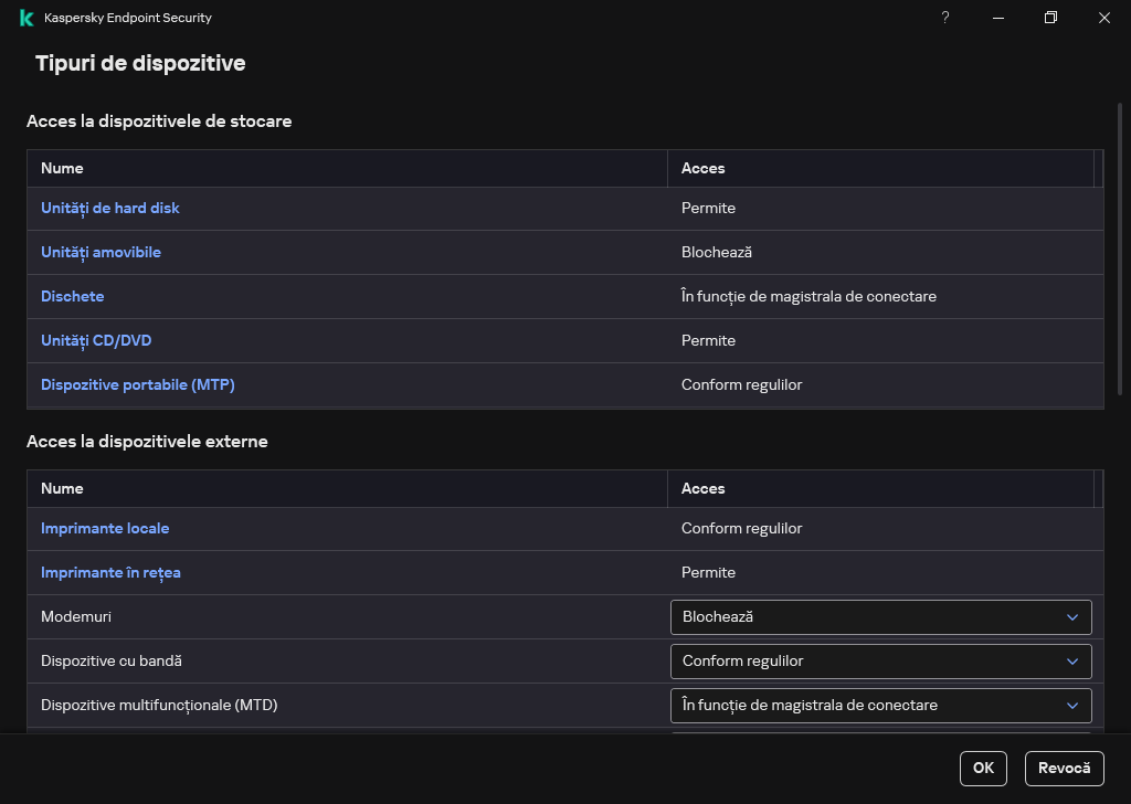 Fereastra pentru configurarea accesului la dispozitive. Utilizatorul poate configura accesul la dispozitive și poate seta parametri de acces suplimentari, cum ar fi planificarea accesului.