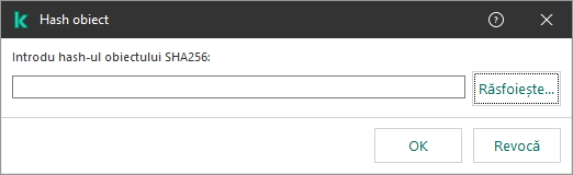 O fereastră cu un câmp pentru introducerea sumei hash a obiectului. Utilizatorul poate selecta un obiect folosind managerul de fișiere.