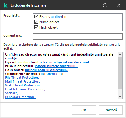 O fereastră cu instrumente de selectare a excluderii. Utilizatorul poate selecta fișierul sau directorul, introduce un nume sau un hash de obiect.