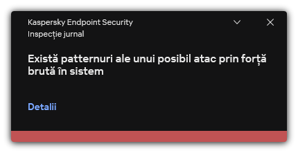Notificare despre un posibil atac prin forță brută. Utilizatorul poate vizualiza informații detaliate despre regulă.