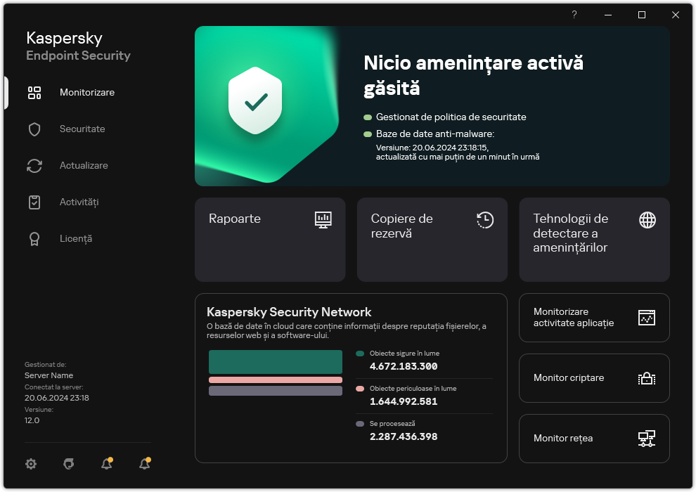 Fereastra principală a aplicației conține secțiuni pentru monitorizarea securității computerului și controlul aplicației.