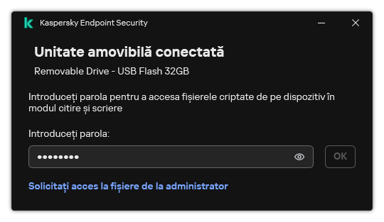 Fereastra conține un câmp de introducere a parolei. Utilizatorul poate crea o solicitare de acces la fișier.