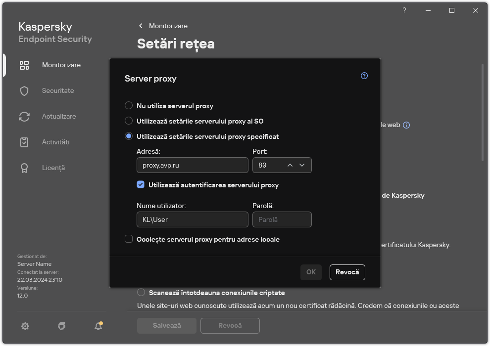 Fereastra pentru configurarea conexiunii serverului proxy. Utilizatorul poate seta adresa serverului proxy și acreditările pentru conectarea la serverul proxy.