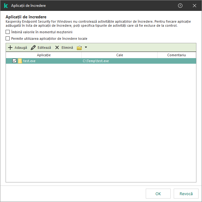 O fereastră cu lista aplicațiilor de încredere. Utilizatorul poate adăuga, edita sau elimina o aplicație de încredere.