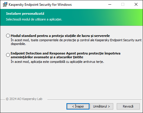 Fereastra programului de instalare cu configurarea aplicației: funcționalitate completă sau Agent Endpoint Detection and Response.