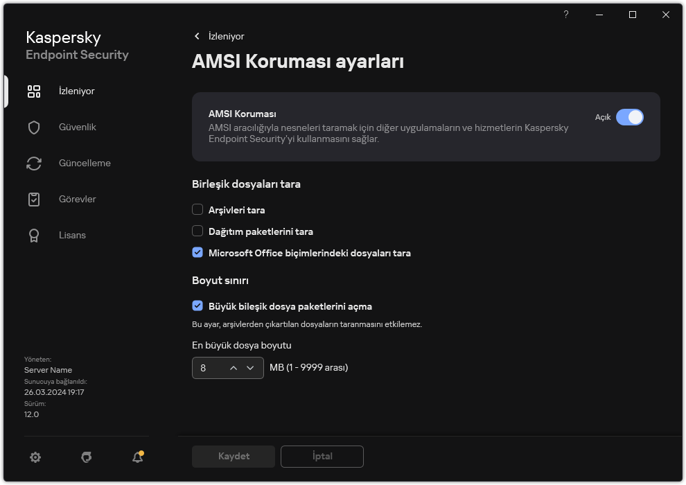 AMSI Koruma ayarları penceresi.