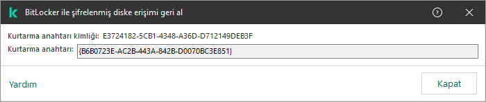 Şifreli sistem dışı sürücüsüne erişimi geri yüklemek için anahtarın bulunduğu bir pencere.