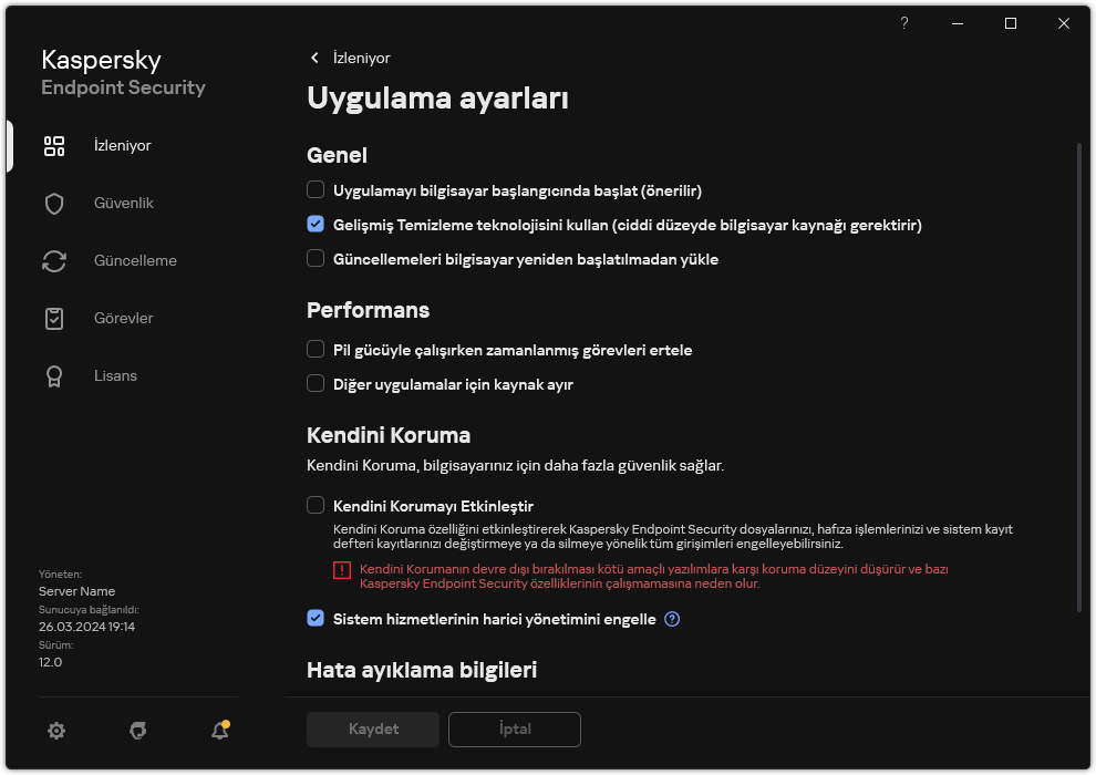 Uygulama ayarları penceresi. Kullanıcı performans, kendini savunma ve diğer ayarları yapılandırabilir.