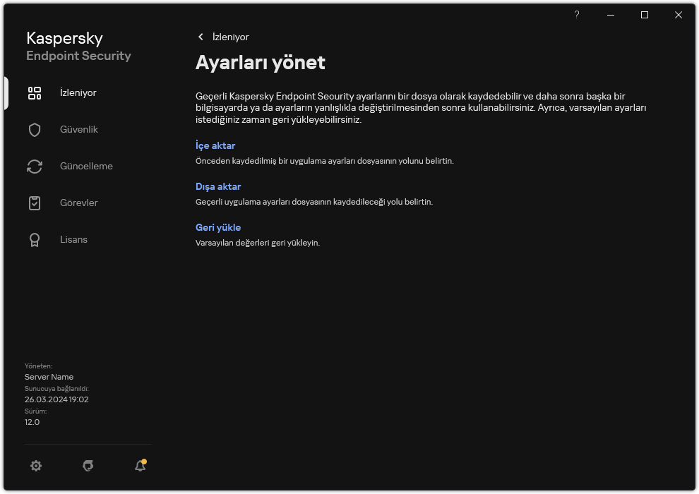 İstisna ayarları penceresi. Kullanıcı, uygulama ayarlarını dışa aktarabilir, içe aktarabilir veya geri yükleyebilir.