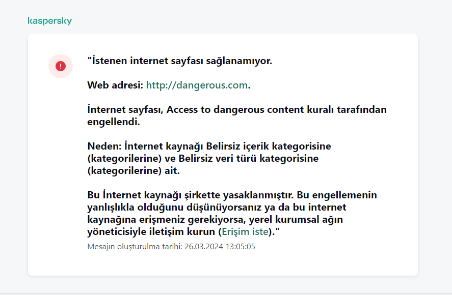 Tarayıcı penceresinde web sayfasına erişimin engellenmesi hakkında Kaspersky bildirimi. Kullanıcı, web kaynağına erişmek için bir istek oluşturabilir.