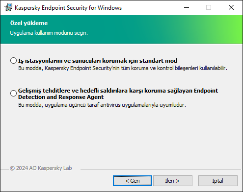 Uygulamanın yapılandırmasını içeren yükleyici penceresi: tam işlevsellik veya Endpoint Detection and Response Agent.
