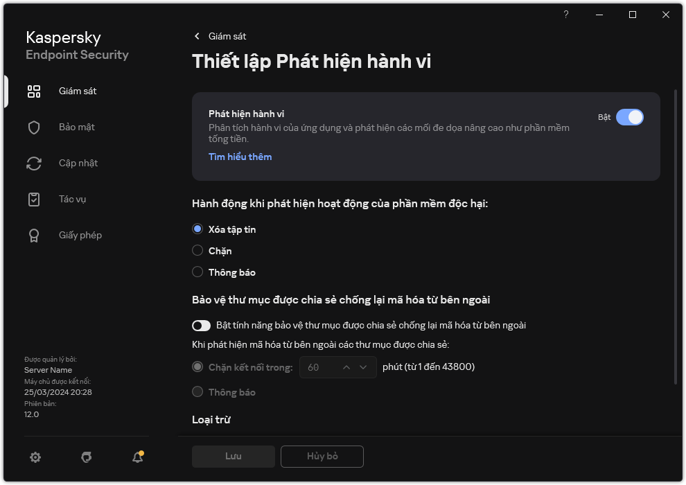 Cửa sổ thiết lập Phát hiện hành vi.