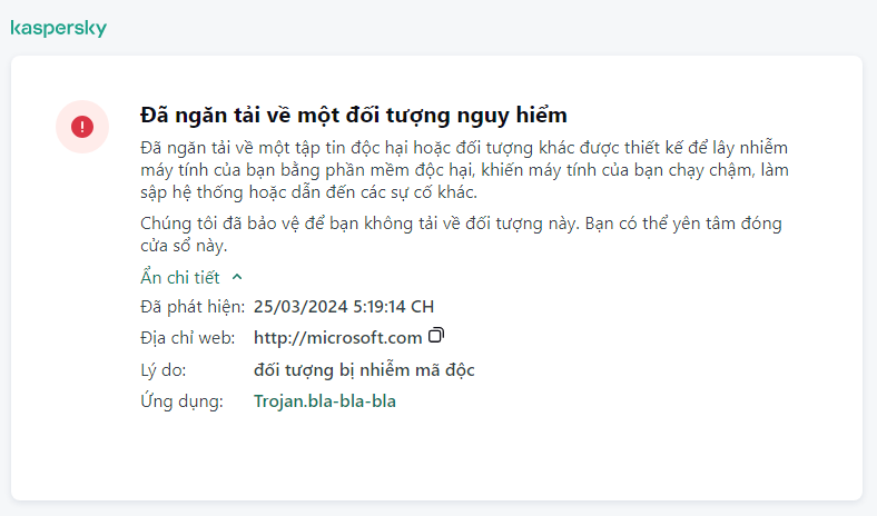 Thông báo của Kaspersky về việc ngăn đối tượng độc hại nạp vào trong cửa sổ trình duyệt.