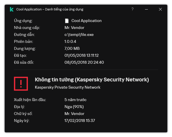 Cửa sổ chứa thông tin về danh tiếng của tập tin và dữ liệu khác, như sự hiện diện của chữ ký số.
