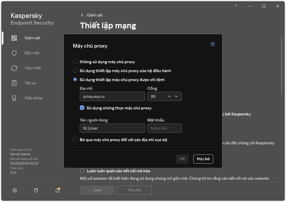 Cửa sổ để cấu hình kết nối máy chủ proxy. Người dùng có thể đặt địa chỉ của máy chủ proxy và thông tin đăng nhập để kết nối với máy chủ proxy.