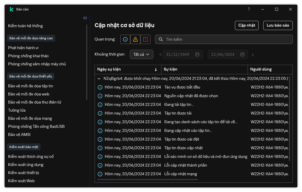 Một cửa sổ chứa danh sách các sự kiện trong báo cáo. Người dùng có thể lọc/sắp xếp các sự kiện và lưu báo cáo vào một tập tin.