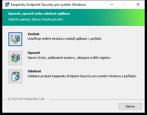 Okno instalačního programu se seznamem dostupných operací: změna sady součástí, oprava aplikace, odebrání aplikace.