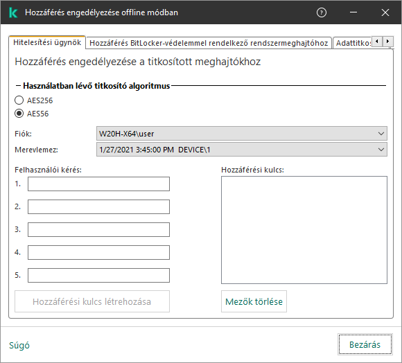 Egy ablak a felhasználói kérés tartalmának bevitelére szolgáló mezőkkel, valamint egy mező a titkosított lemez eléréséhez generált kulcs számára.