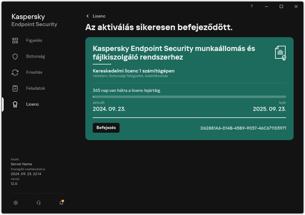 Az ablak a licencre vonatkozó információkat tartalmazza: lejárat dátuma, elérhető funkciók és egyéb információk.