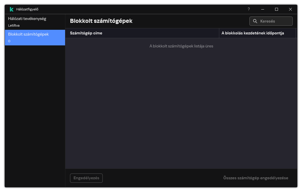 A Hálózatfigyelő ablaka a blokkolt számítógépek listájával. Feloldhatja egyes számítógépek vagy az összes számítógép blokkolását.