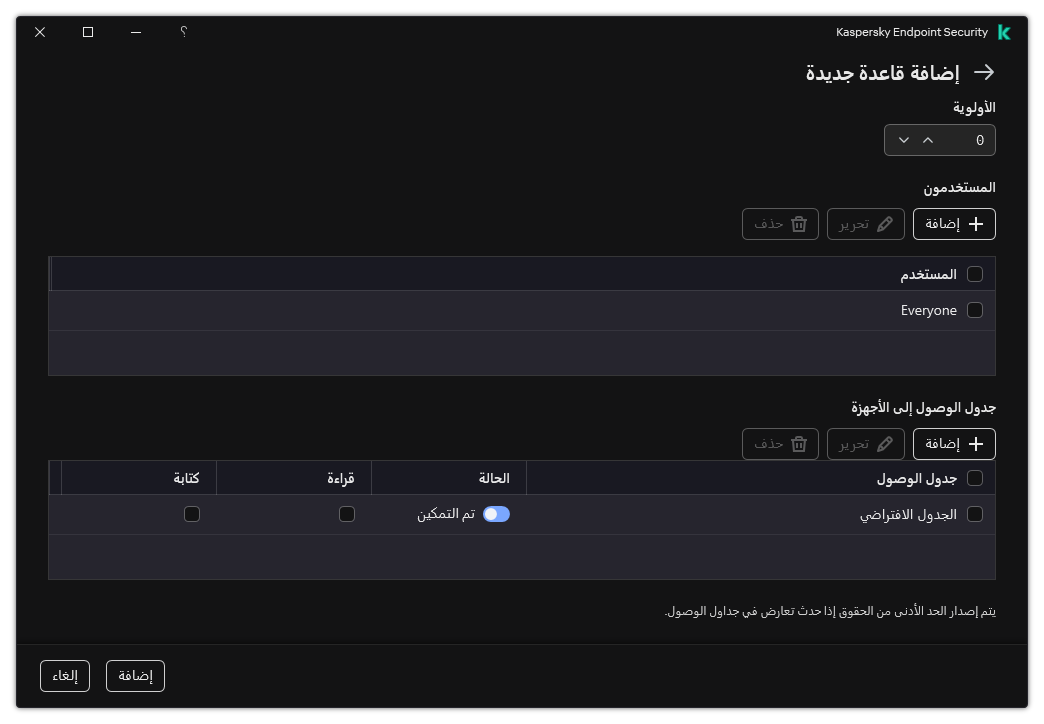 نافذة تكوين قاعدة التحكم في الجهاز. يستطيع المستخدم تعيين أولوية القاعدة وإضافة مستخدمين إلى القاعدة وتعيين جدولة القاعدة.