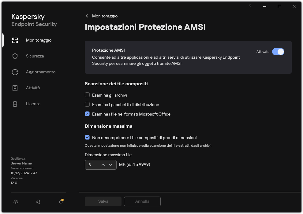 Finestra Impostazioni Protezione AMSI.