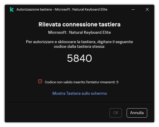 La finestra con il codice di autorizzazione della tastiera. L'utente può attivare la tastiera su schermo e immettere il codice.