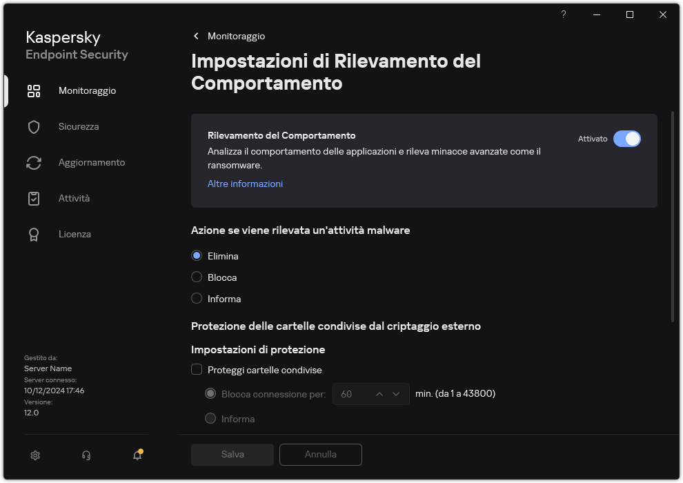 Finestra Impostazioni di Rilevamento del Comportamento.